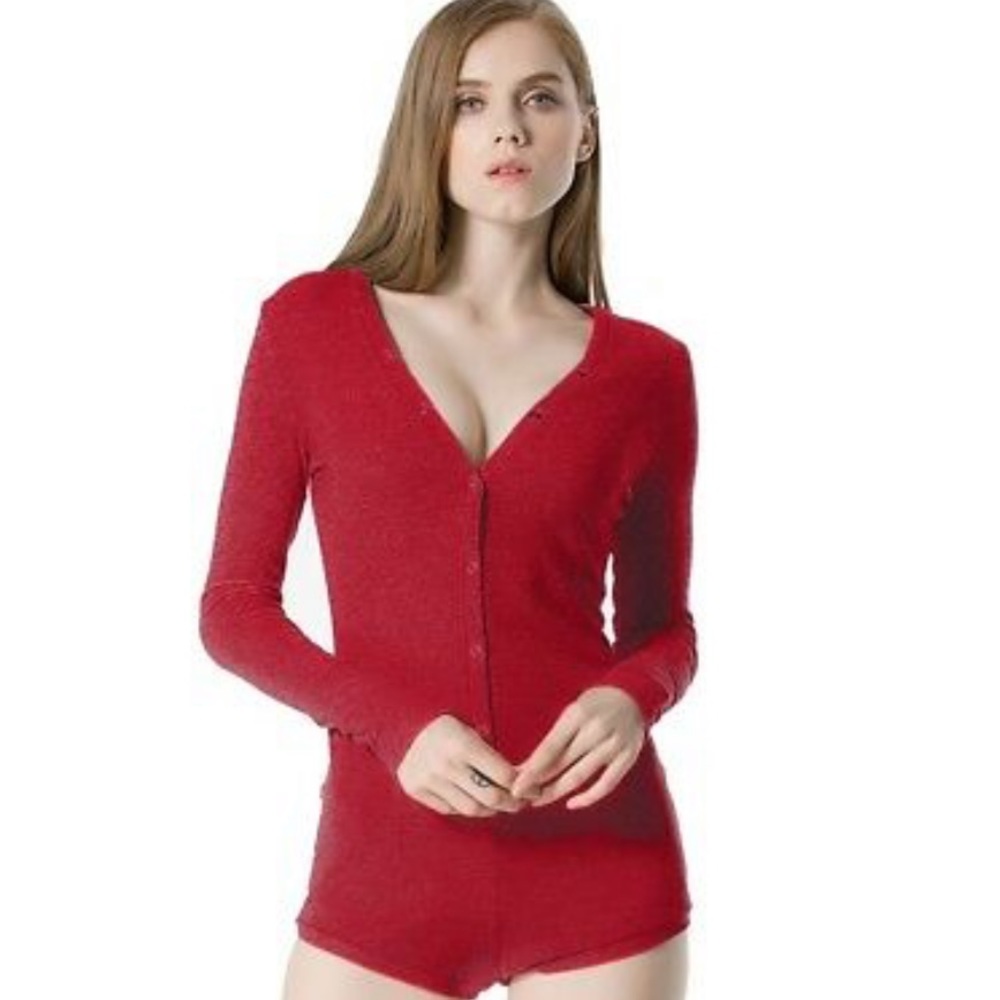 NWT Moxeay Red Long Sleeve Henley Long Sleeve Lounge Romper Jumper